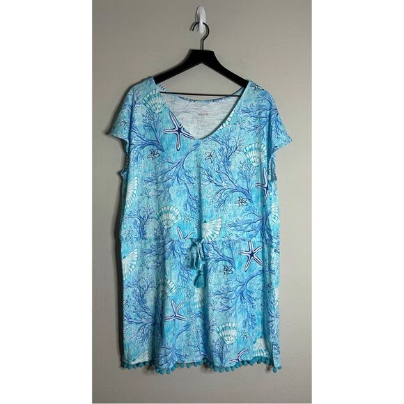 Loft Beach Sea Life Print Pom Pom Trim Dress Size 1X - Picture 1 of 11